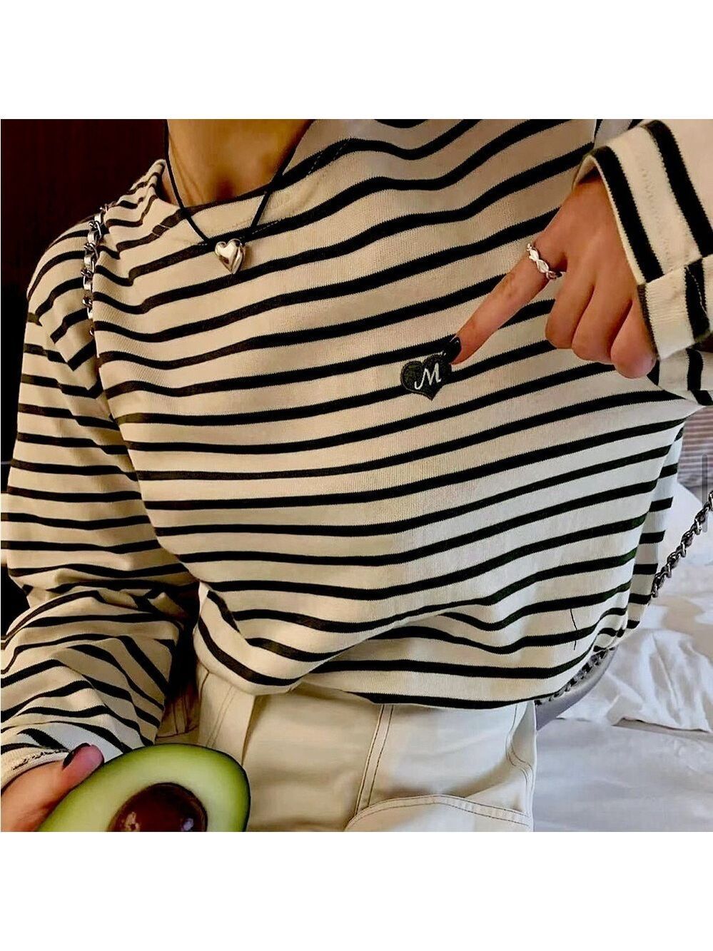 Mirra Masa Cotton Navy & White Striped Pullover Long Sleeve Top, One Size